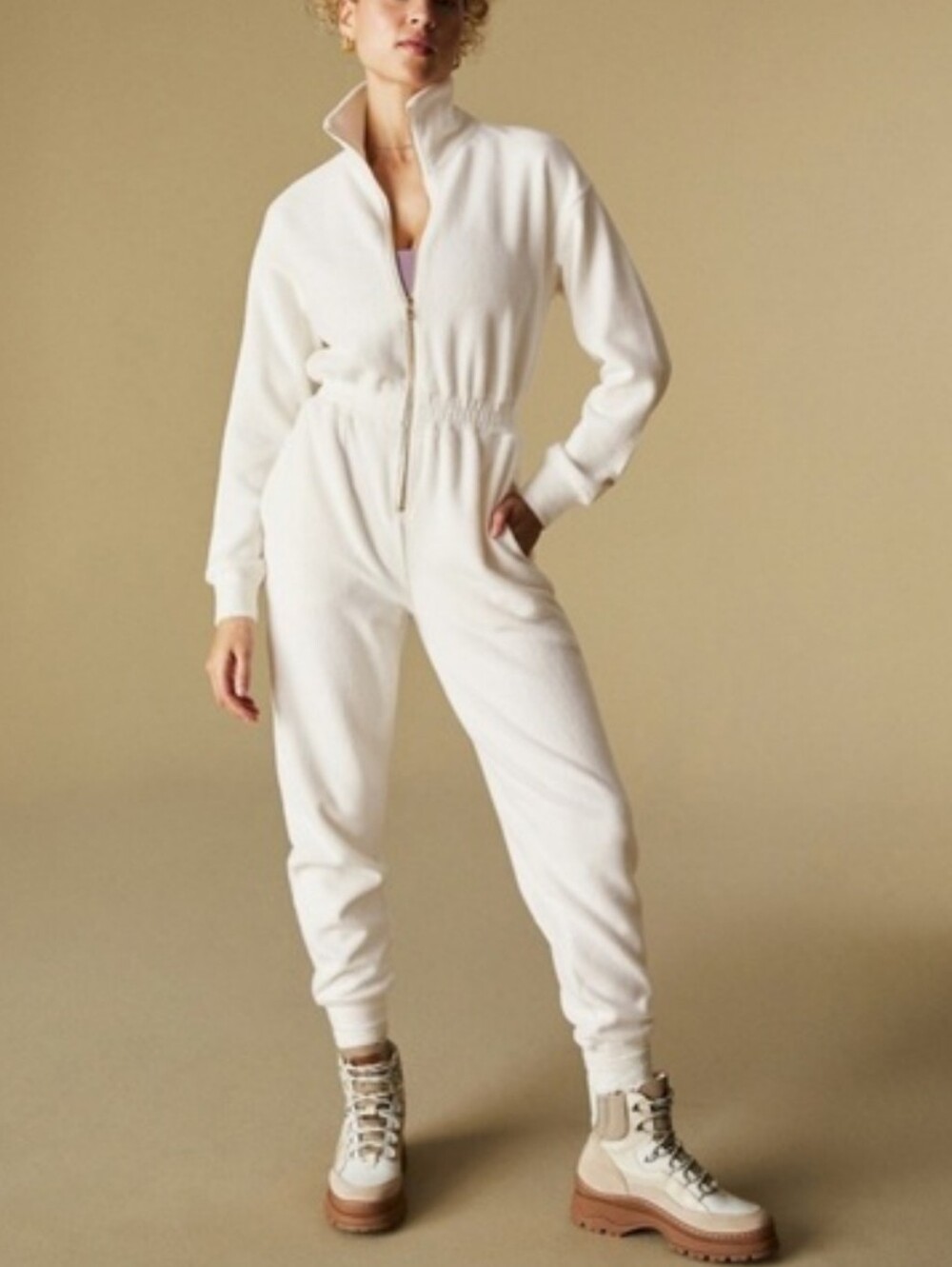 Fabletics Cream Cozy Fleece Cord Zip Front Athleisure Jumpsuit Romper size xs